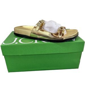 J Crew Colbie Buckle Sandals Two  Thin Straps Metallic Gold Slides Size 8 NEW